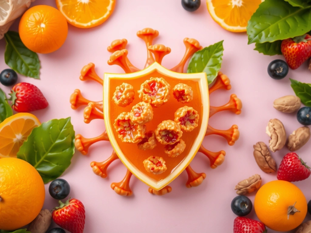 Stylized image of immune cells or a shield, symbolizing protection, surrounded by vitamin-rich foods, no text.