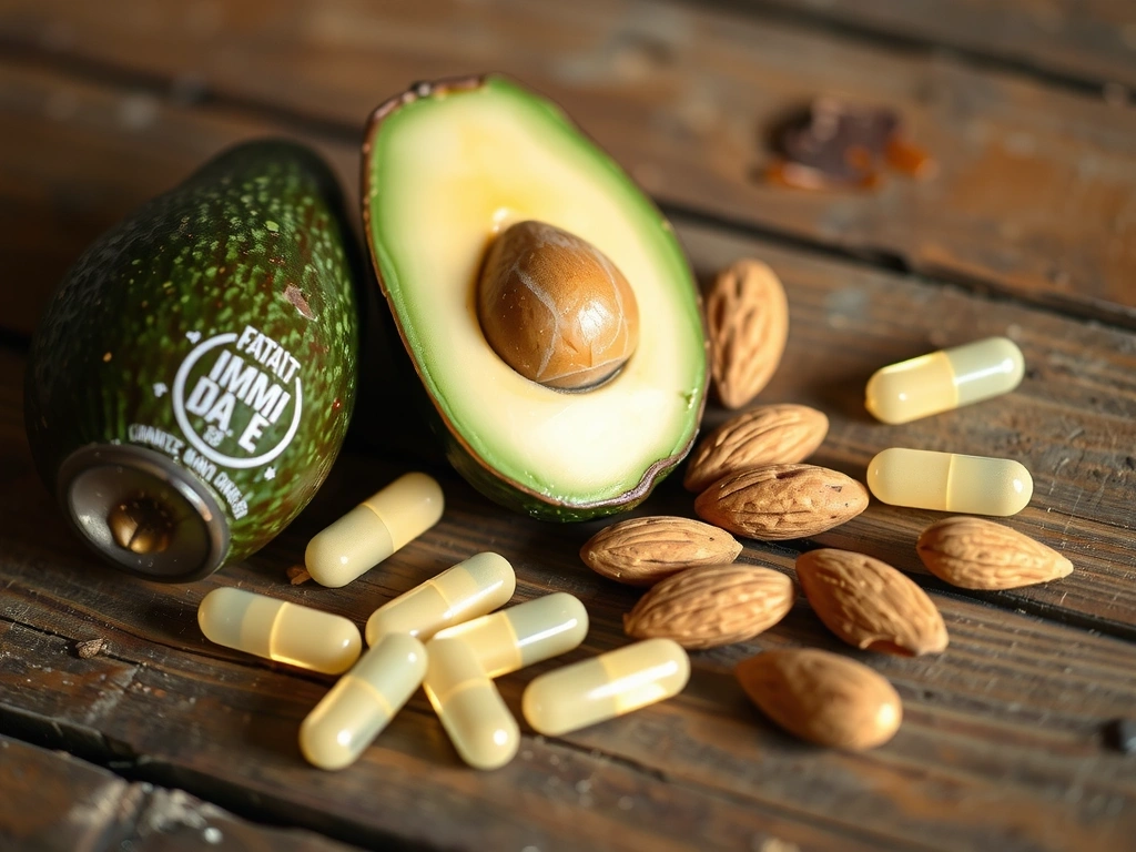 Vitamin E capsules and a healthy avocado